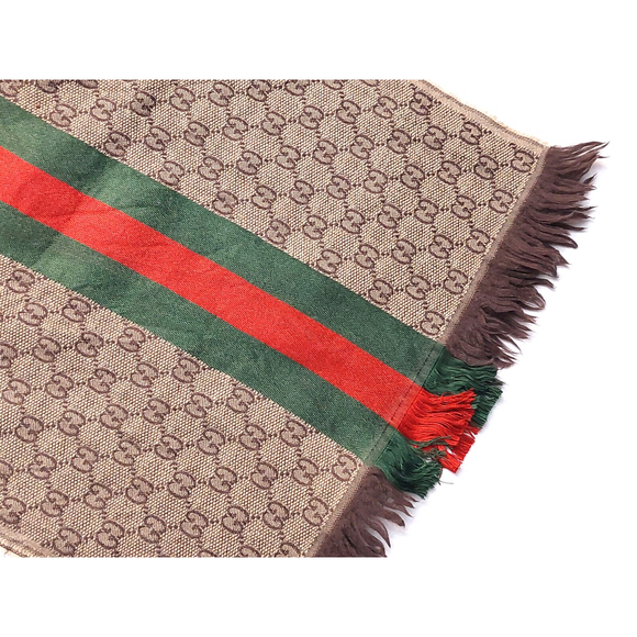 Gucci Brown & Beige GG Logo Print w/ Green Red Stripe Wool Silk Scarf Pre-owned - Picture 12 of 16